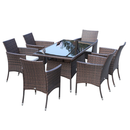 7-piece brown poly rattan garden dining set with cushions