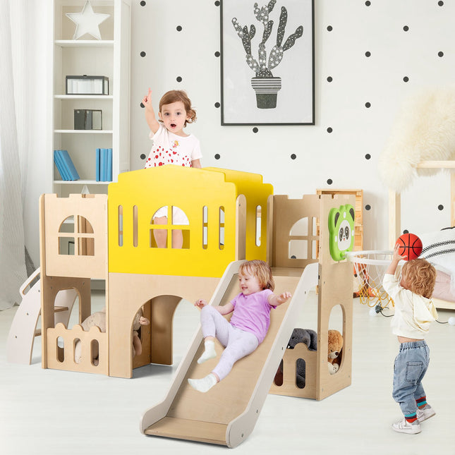 7-in-1 Toddler Slide Set, Wooden Castle Indoor Outdoor