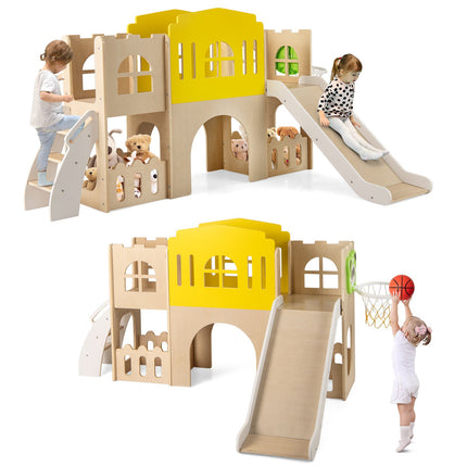 7-in-1 Toddler Slide Set, Wooden Castle Indoor Outdoor