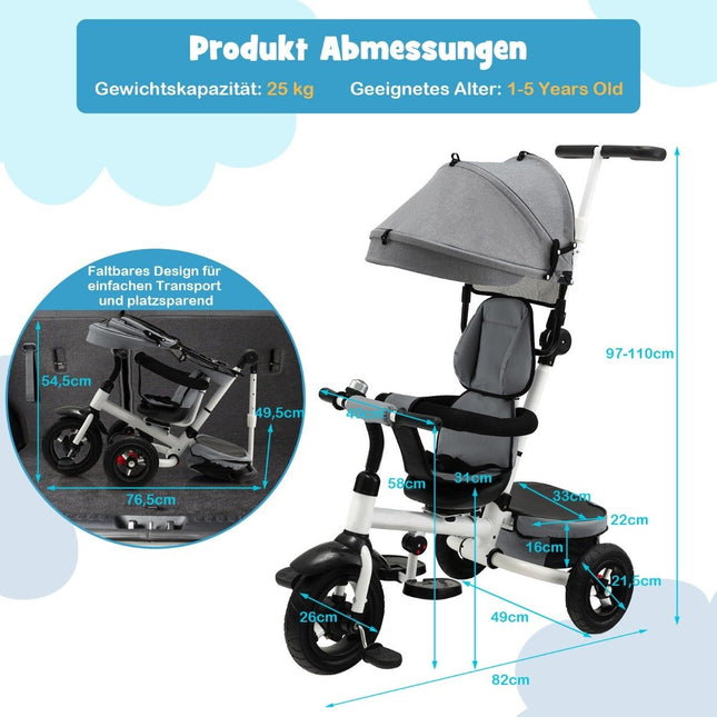7 in 1 children's tricycle with reversible seat & adjustable canopy & push handle balance bike gray