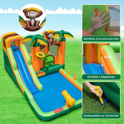 7-in-1 tropical water park with slide & basketball hoop & water gun with 680W blower