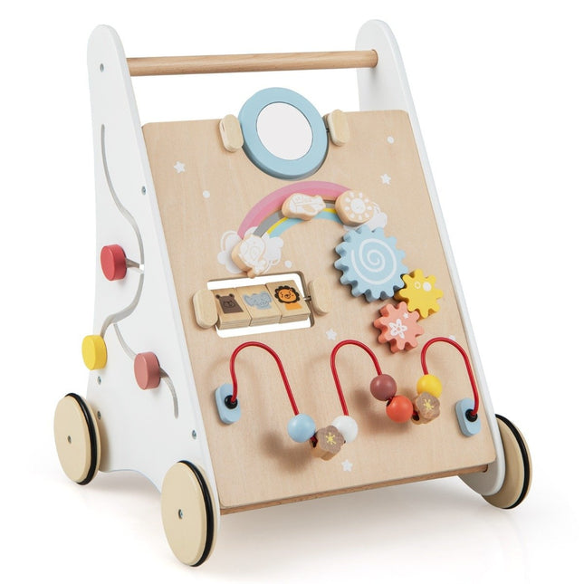 7 in 1 wooden baby walker with game board & mirror & building blocks & storage box baby walker
