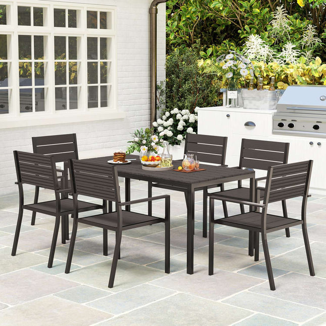 7-piece dining set for 6 people, dining table with 6 chairs, slotted table, dark brown