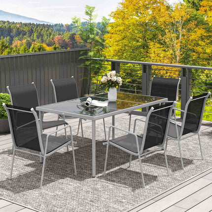 Dining room set for 6 with glass table and stackable chairs