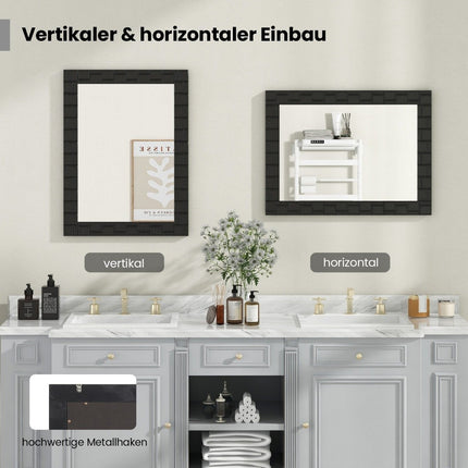 80 x 60 cm wall mirror made of rubberwood with solid wood frame, bathroom mirror, cosmetic mirror, black