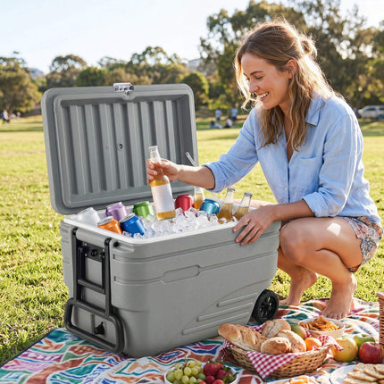 84 Quart Wheeled Ice Cooler, Gray, Foldable Handle