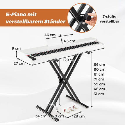 88-Key Semi-Weighted Digital Piano Set, Stand, Pedals, White