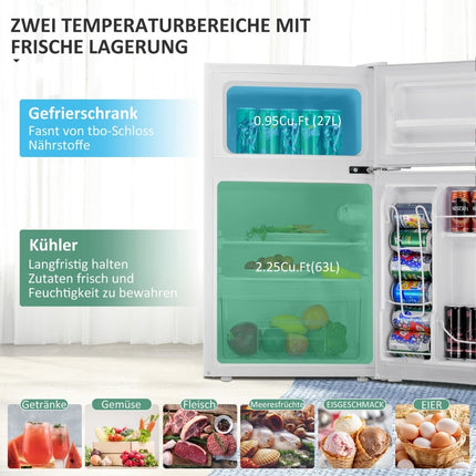 90L Compact Fridge with Freezer, Dual Doors, White