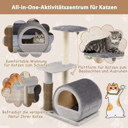 92 cm scratching post with bamboo cave & scratching board & grooming brush & ball & plush seat gray