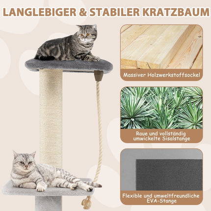92 cm scratching post with bamboo cave & scratching board & grooming brush & ball & plush seat gray
