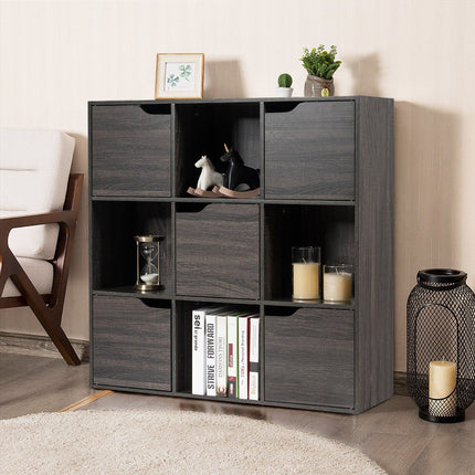9-Compartment Storage Organizer Shelf with Doors Freestanding Wooden Bookshelf-Gray