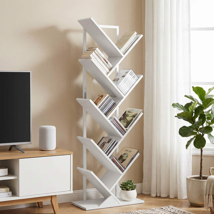 9-Tier Tree Bookshelf, White Industrial Steel Frame