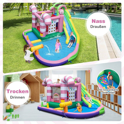 9-in-1 candy-themed water park with slide & water gun & tic-tac-toe game