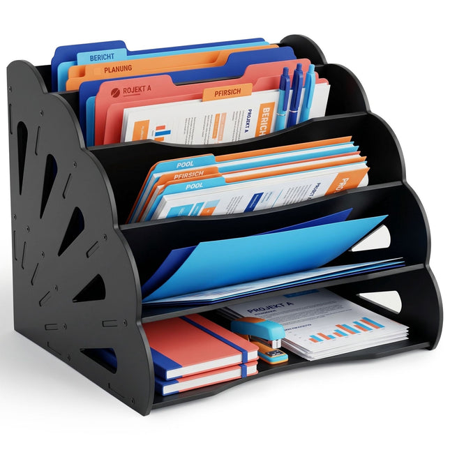 A4 MDF Desk Organiser, 5 Compartments - Black