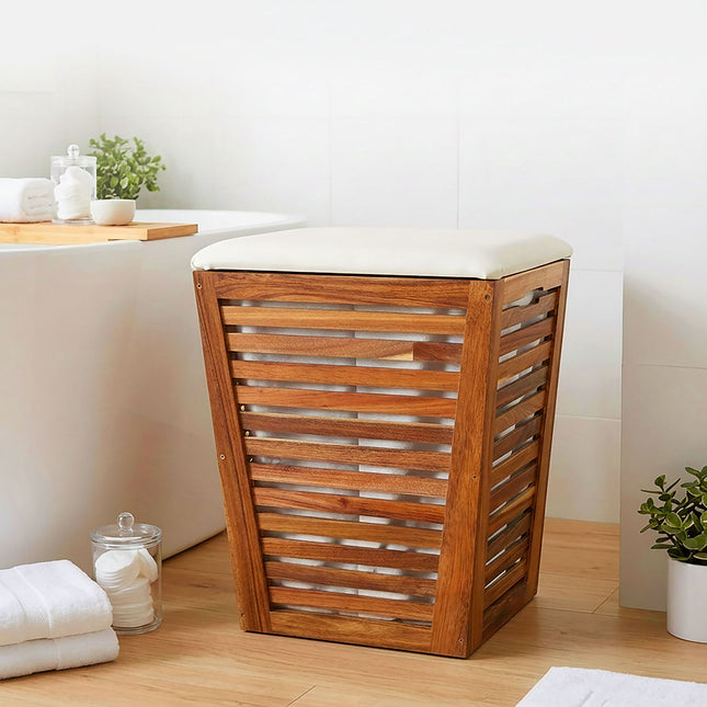 Wasmand van acaciahout met zitje, inhoud 50 liter