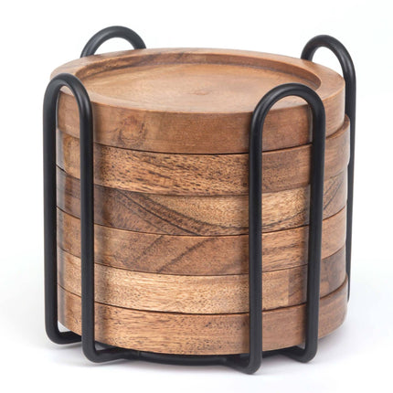 Acacia Wood Coaster Set with Holder – 6 Pieces