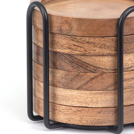 Acacia Wood Coaster Set with Holder – 6 Pieces
