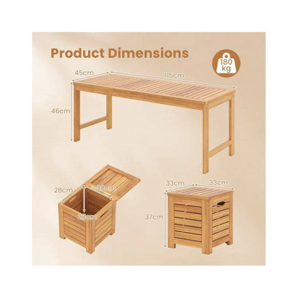 Acacia Wood Garden Bench with 3 Storage Boxes, 3 Seats, 360 kg Load Capacity