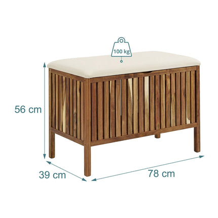 Acacia Wood Laundry Bench with Padded Seat, 80L Capacity