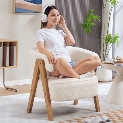 Accent Armchair, Fleece Upholstery, Wood Legs, White