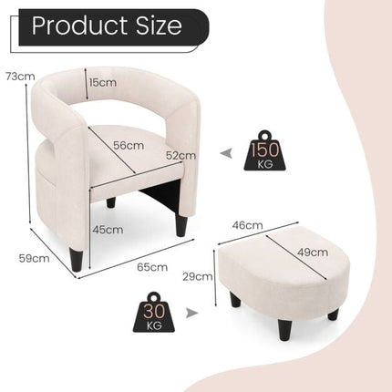 Accent Chair with Ottoman, Beige Velvet, 150 kg Capacity