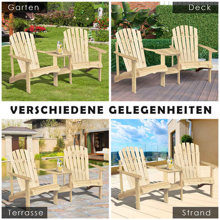 Solid wood Adirondack garden chair set with table, 2-seater