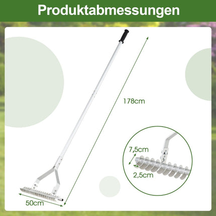 Adjustable Aluminum Garden Rake, 50x178 cm, 19 Tines
