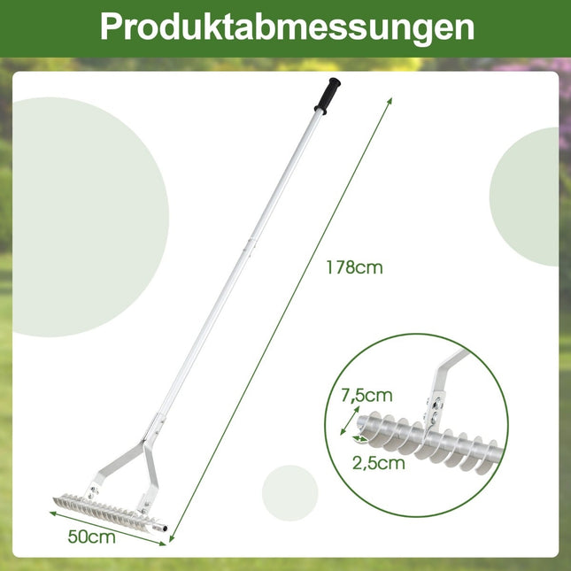 Adjustable Aluminum Garden Rake, 50x178 cm, 19 Tines