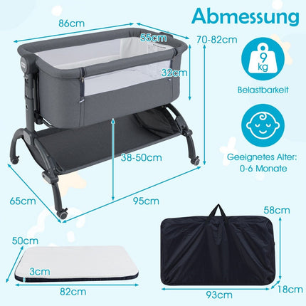 Adjustable Baby Bedside Crib with Wheels, Grey