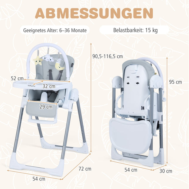 Adjustable Baby High Chair, Foldable with Tray, Light Grey