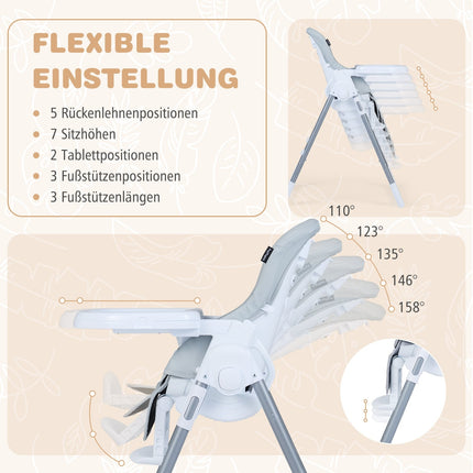 Adjustable Baby High Chair, Foldable with Tray, Light Grey