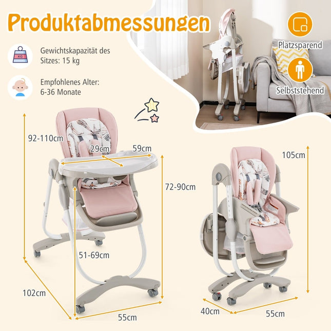 Adjustable Baby High Chair with Wheels, Pink, Foldable