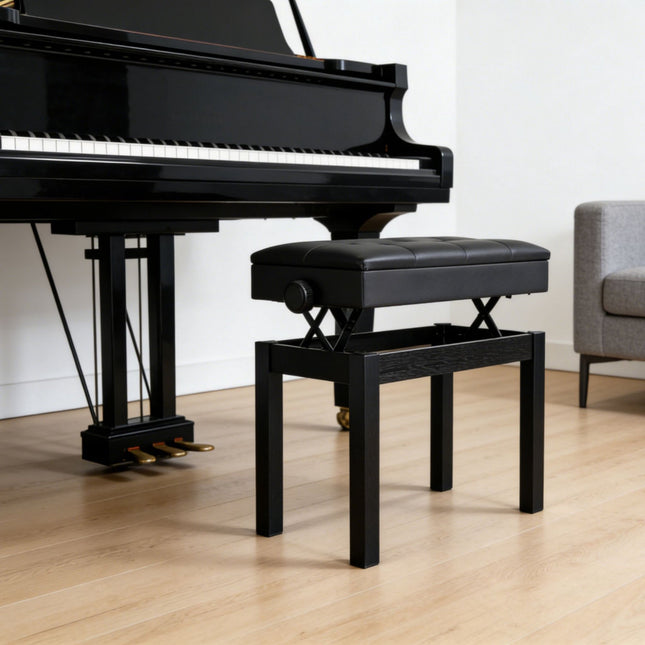 Adjustable Black Birch Piano Bench with Storage
