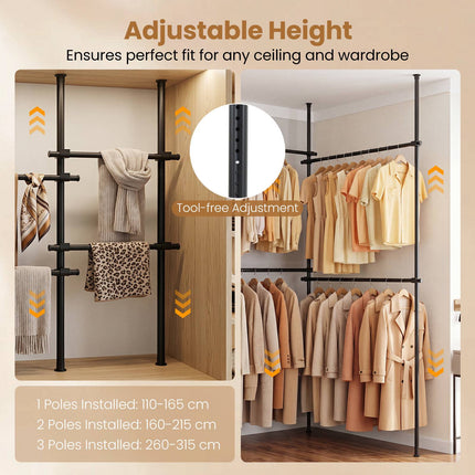 Adjustable Black Clothes Rack with 4 Hanging Rods, 43.3"-124"