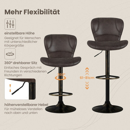 Adjustable Brown Bar Stools Set of 2 with Backrest & Footrest