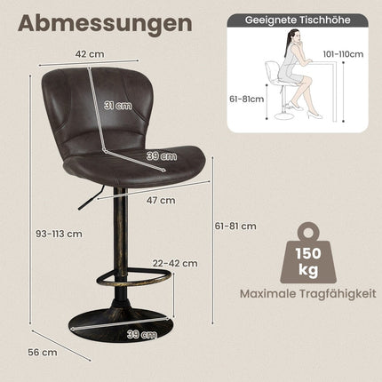 Adjustable Brown Bar Stools Set of 2 with Backrest & Footrest