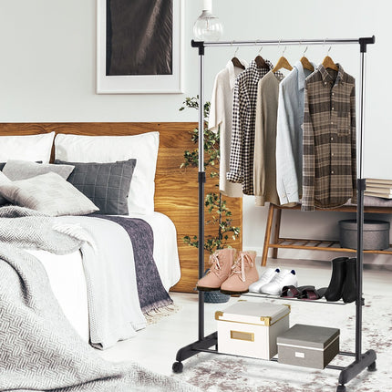 Adjustable Clothes Rack with Wheels and Shoe Racks for Bedroom Wardrobe Black
