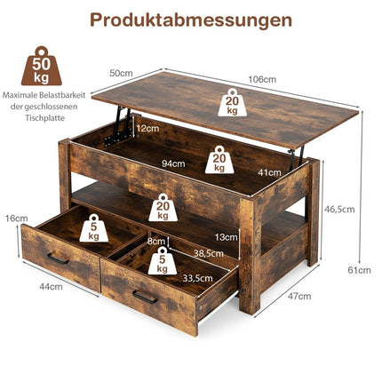 Adjustable Coffee Table with Drawers, Wood, 106x50x48 cm, Brown