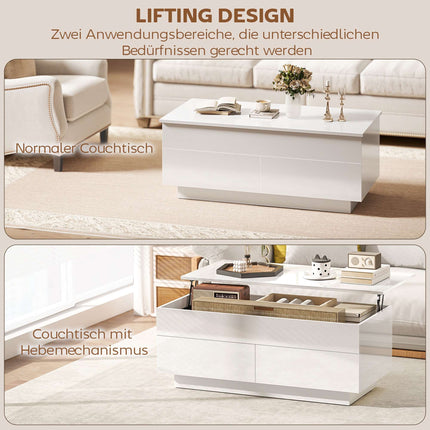 Adjustable Coffee Table with Storage, High Gloss White