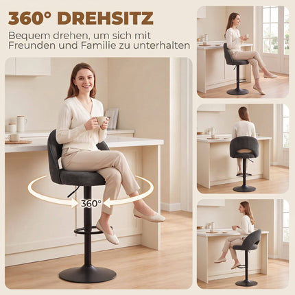 Adjustable Dark Grey Bar Stools, Set of 2, 360 Swivel