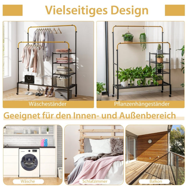 Adjustable Double Rail Clothes Rack on Wheels, Gold, 135x54x170cm