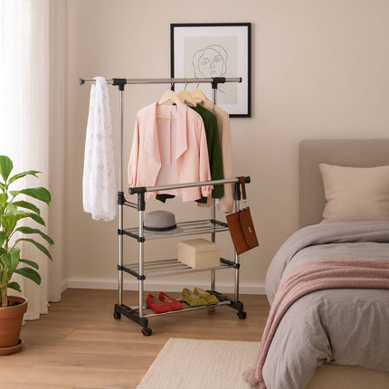 Adjustable Double Rod Clothes Rack with Shelf