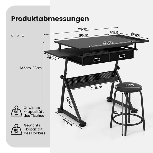 Adjustable Drawing Table with Stool, Tilt Top, 2 Drawers