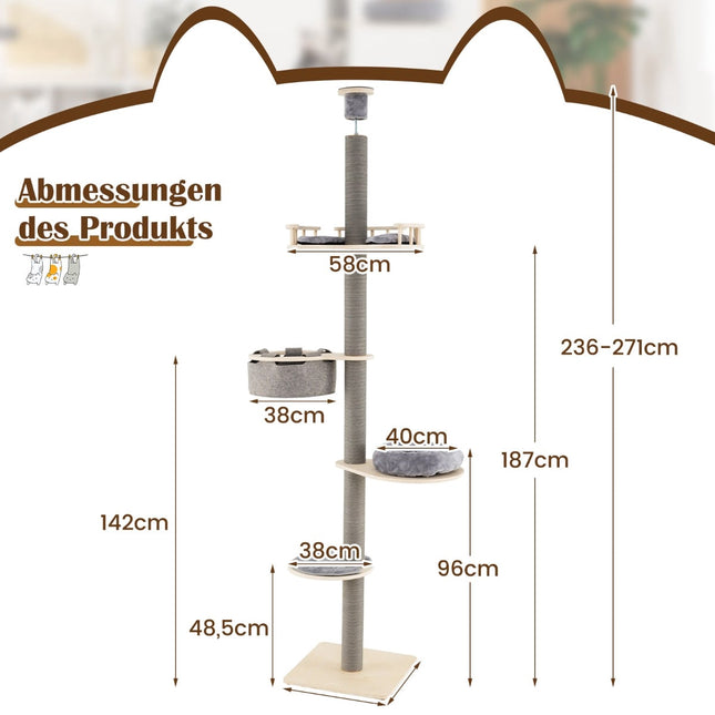 Adjustable Floor-to-Ceiling Cat Tree, 236-271 cm, Gray