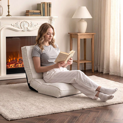 Adjustable Folding Floor Chair, White Corduroy, 6-Position Recline
