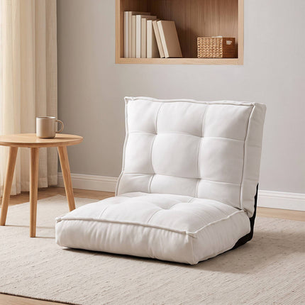 Adjustable Folding Floor Chair, White Corduroy, 6-Position Recline