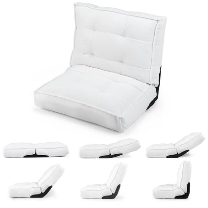 Adjustable Folding Floor Chair, White Corduroy, 6-Position Recline