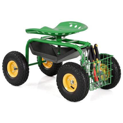 Adjustable Garden Seat with Wheels, 360° Swivel, Storage Basket