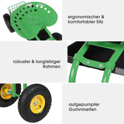 Adjustable Garden Seat with Wheels, 360° Swivel, Storage Basket