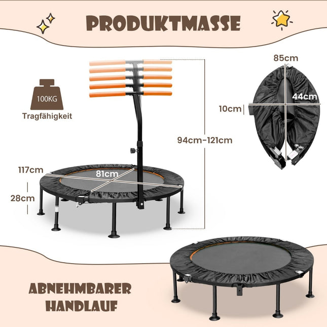 Adjustable Handle Mini Trampoline, Foldable, 117cm, Orange